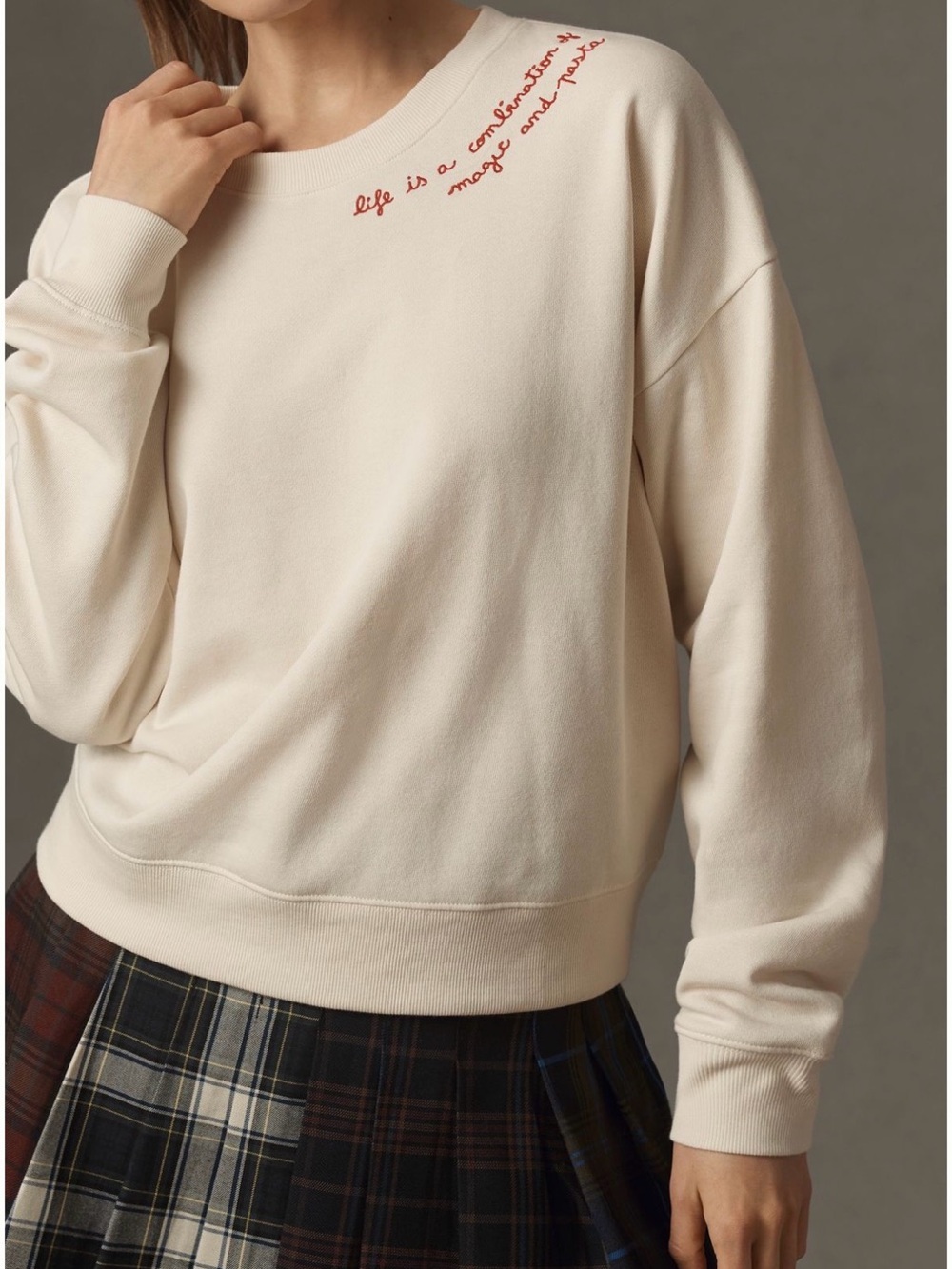 Maeve x Laetitia Rouget Cream Crewneck Sweatshirt with Red Script Embroidery